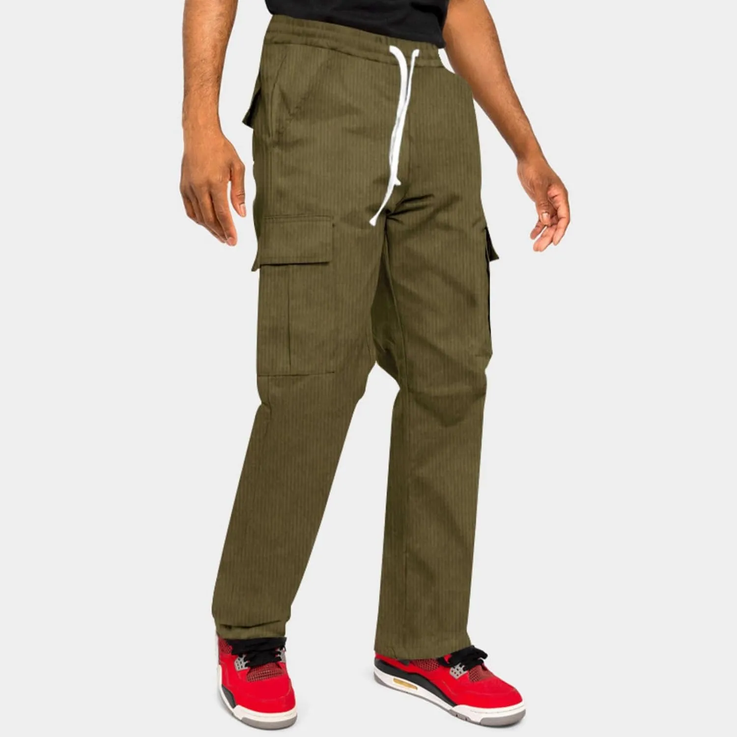 Men's Corduroy Pant Straight Fit Elastic Waist Flat-Front Casual Pants