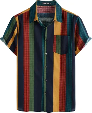 Men's Cotton Linen Vintage Pattern Printed Old Style Shirt Casual Short Sleeve Button Down Retro Shirts