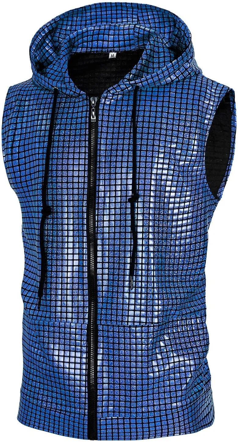 Mens Disco sequin vest metallic Zip Up Shirts 70s Costume with Pocket