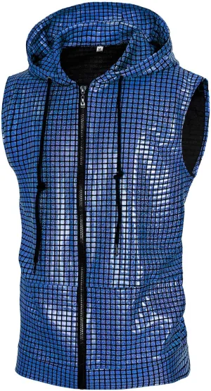 Mens Disco sequin vest metallic Zip Up Shirts 70s Costume with Pocket