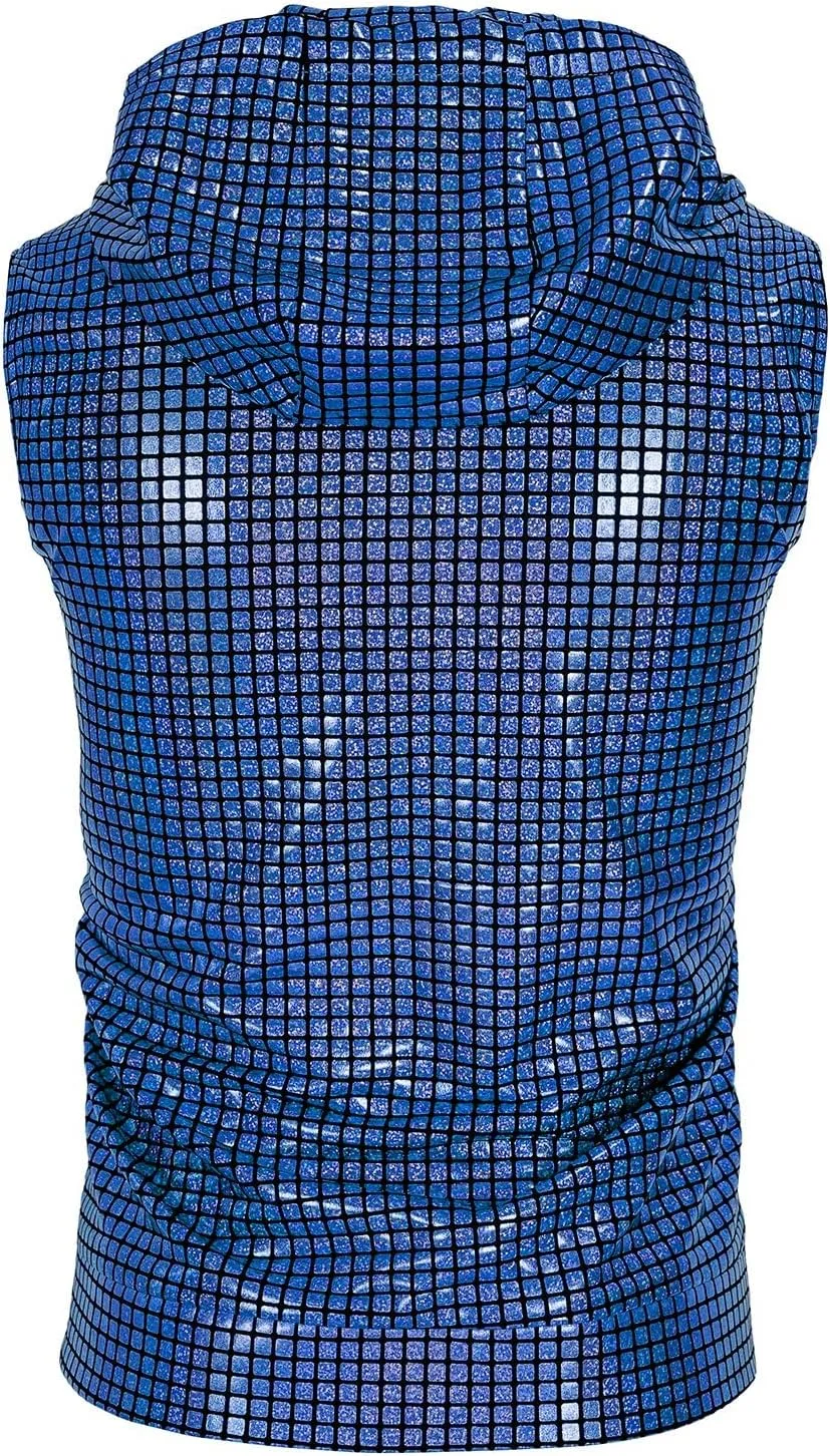 Mens Disco sequin vest metallic Zip Up Shirts 70s Costume with Pocket