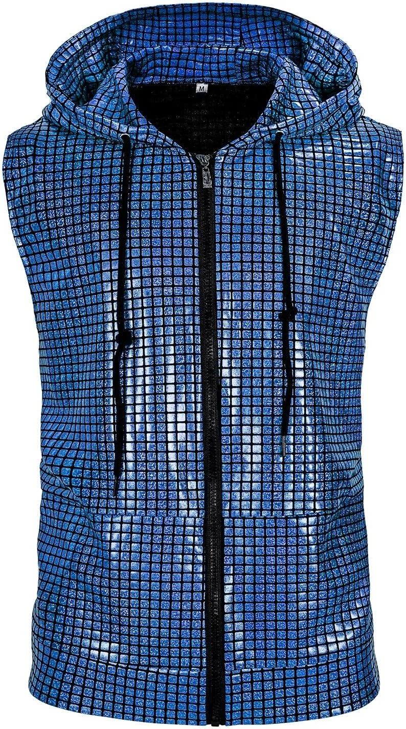 Mens Disco sequin vest metallic Zip Up Shirts 70s Costume with Pocket