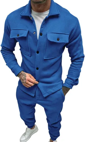 Mens Fashion 2 Piece Outfits Long Sleeve Button Down Shirt and Pants Sets Workout Athletic Sports Jogging Casual Tracksuits