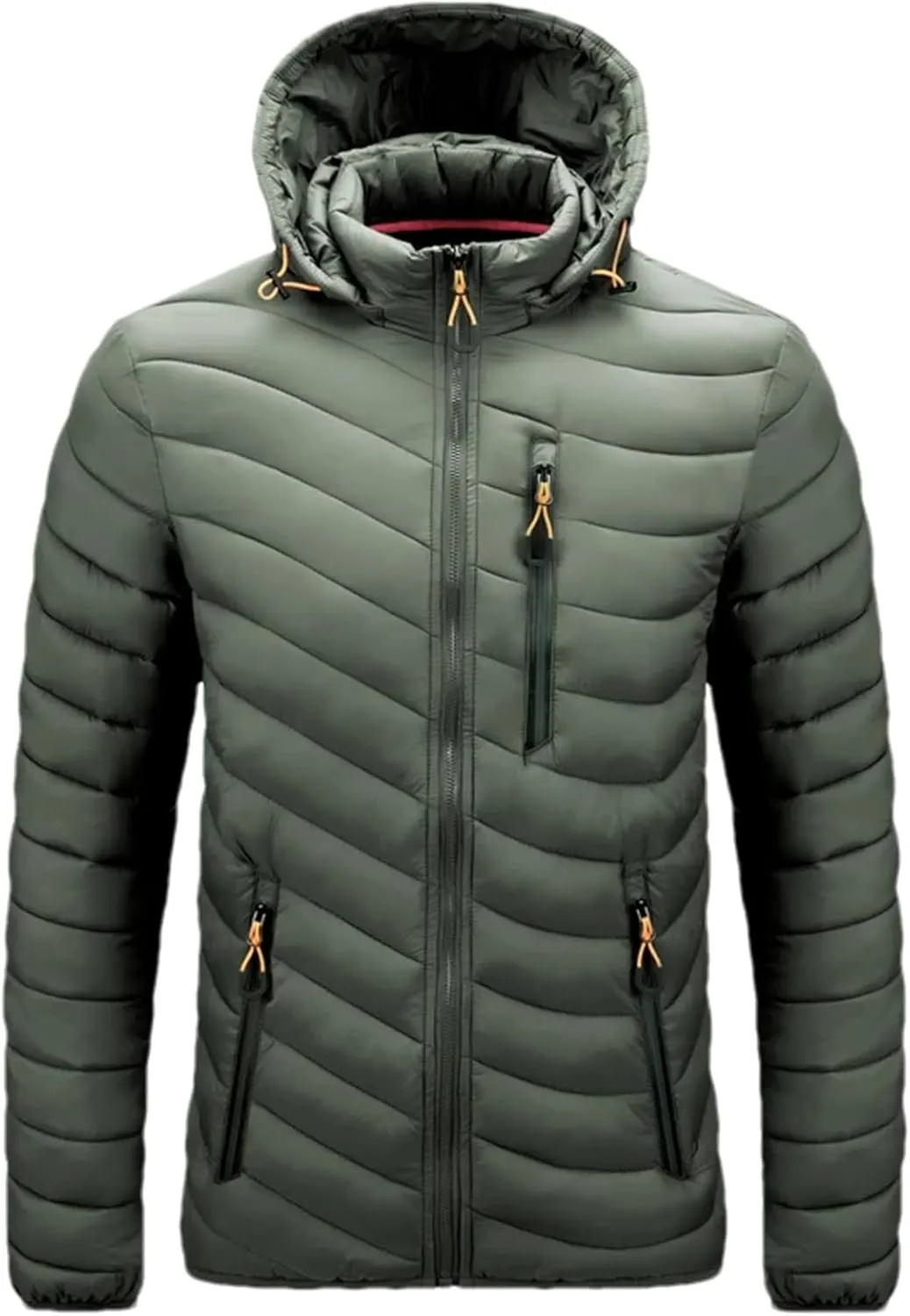 Men's Hooded Stand Collar Zipper Cotton-Padded Thickened Warm Casual Multi Pocket Parka Coat