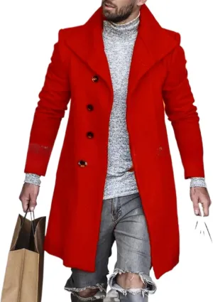 Men's Lapel Faux Woolen Blend Jacket Mid Long Button Warm Trench Coat Winter Classy Cozy Overcoat