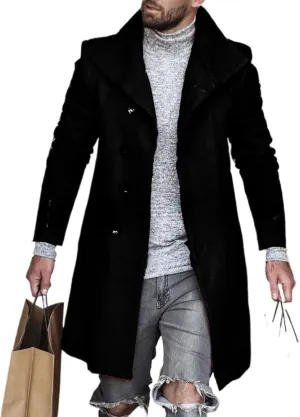 Men's Lapel Faux Woolen Blend Jacket Mid Long Button Warm Trench Coat Winter Classy Cozy Overcoat