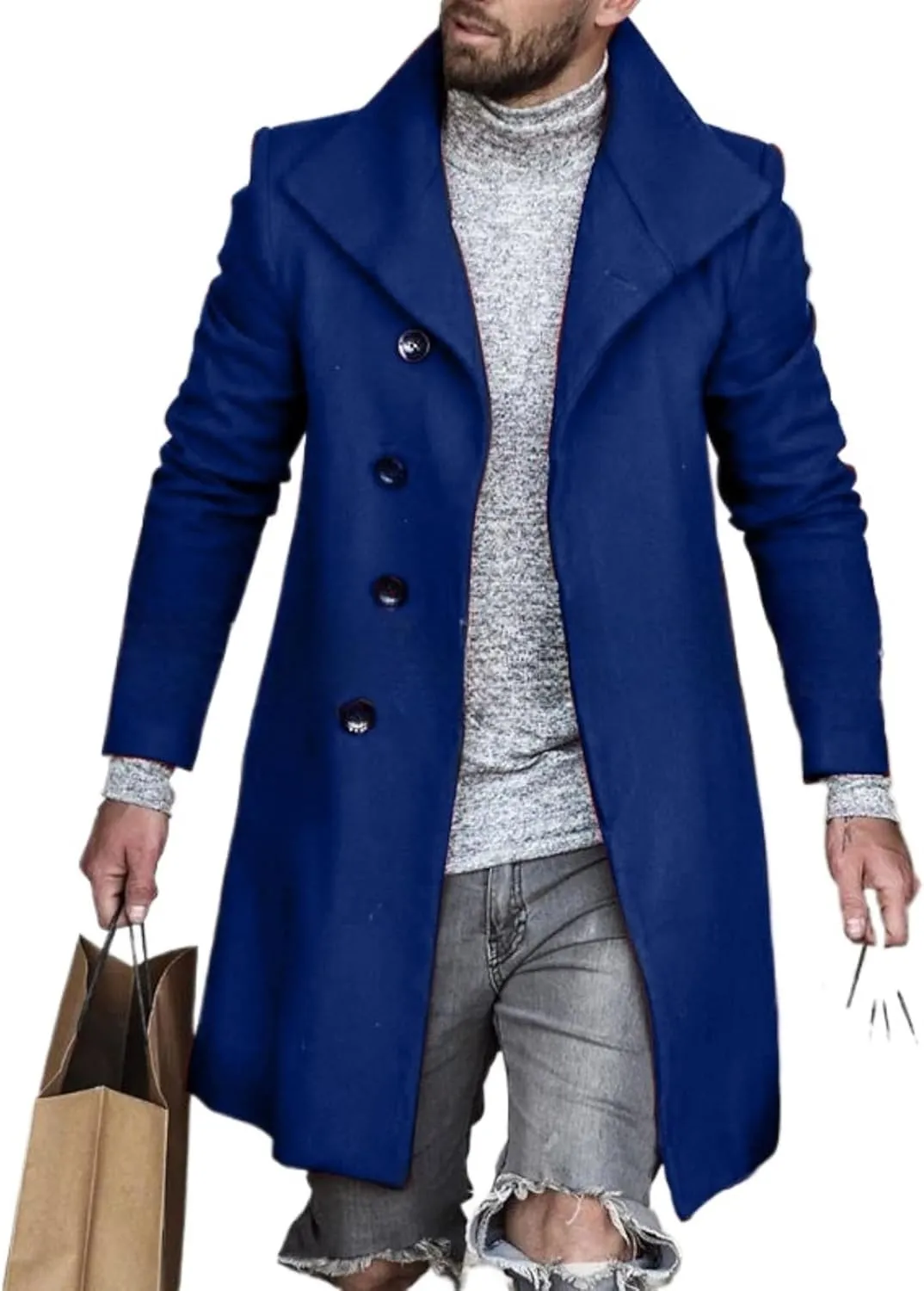 Men's Lapel Faux Woolen Blend Jacket Mid Long Button Warm Trench Coat Winter Classy Cozy Overcoat