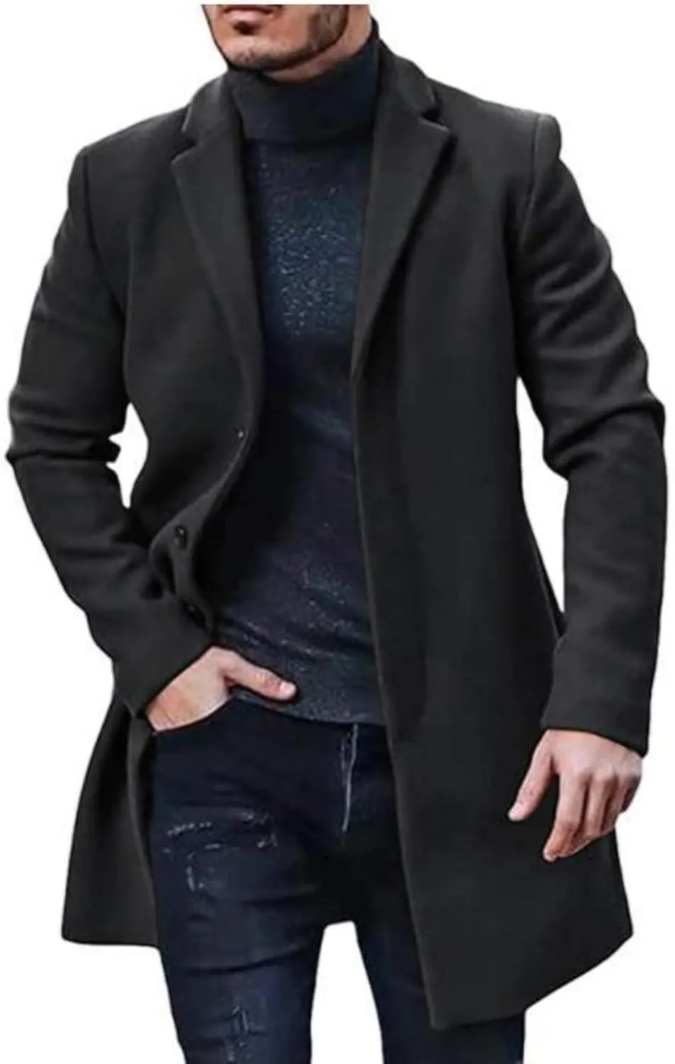 Men's Lapel Faux Woolen Blend Jacket Mid Long Button Warm Trench Coat Winter Classy Cozy Overcoat