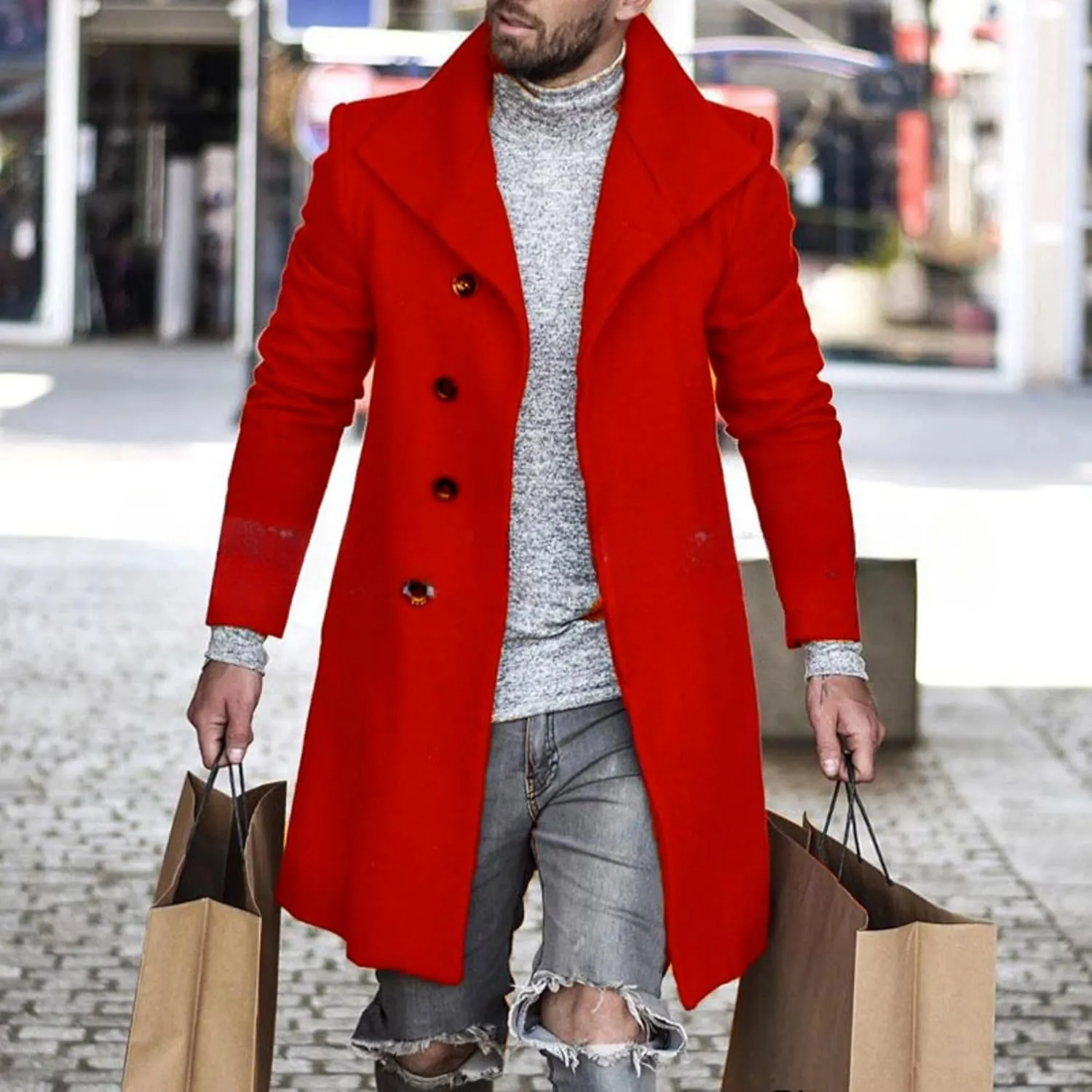 Men's Lapel Faux Woolen Blend Jacket Mid Long Button Warm Trench Coat Winter Classy Cozy Overcoat