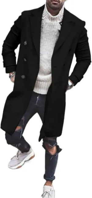 Men's Lapel Faux Woolen Blend Jacket Mid Long Button Warm Trench Coat Winter Classy Cozy Overcoat