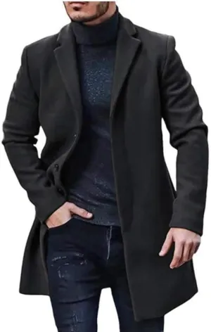 Men's Lapel Faux Woolen Blend Jacket Mid Long Button Warm Trench Coat Winter Classy Cozy Overcoat