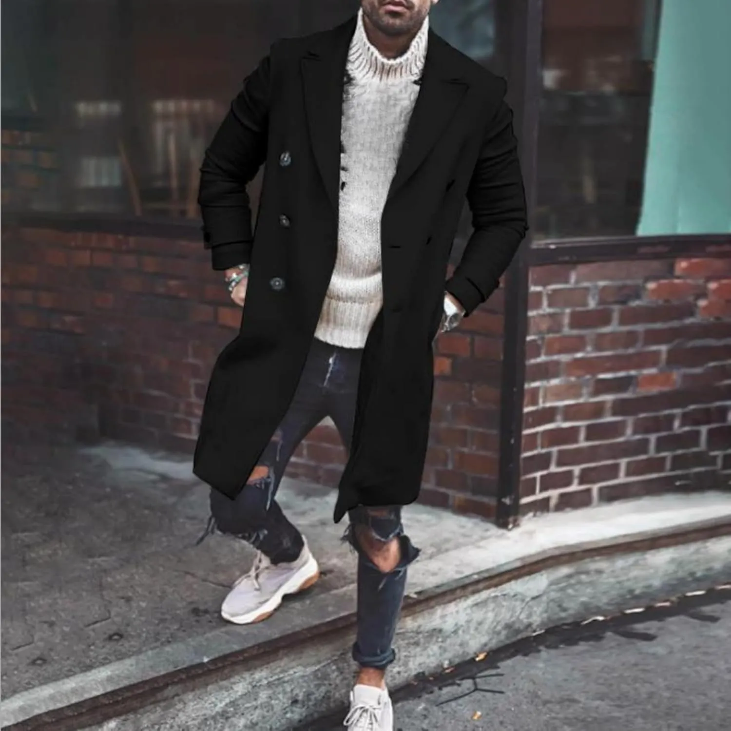 Men's Lapel Faux Woolen Blend Jacket Mid Long Button Warm Trench Coat Winter Classy Cozy Overcoat