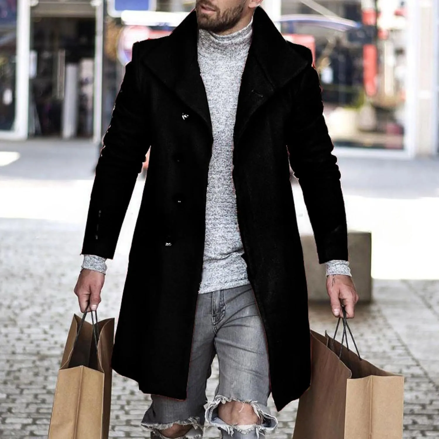 Men's Lapel Faux Woolen Blend Jacket Mid Long Button Warm Trench Coat Winter Classy Cozy Overcoat