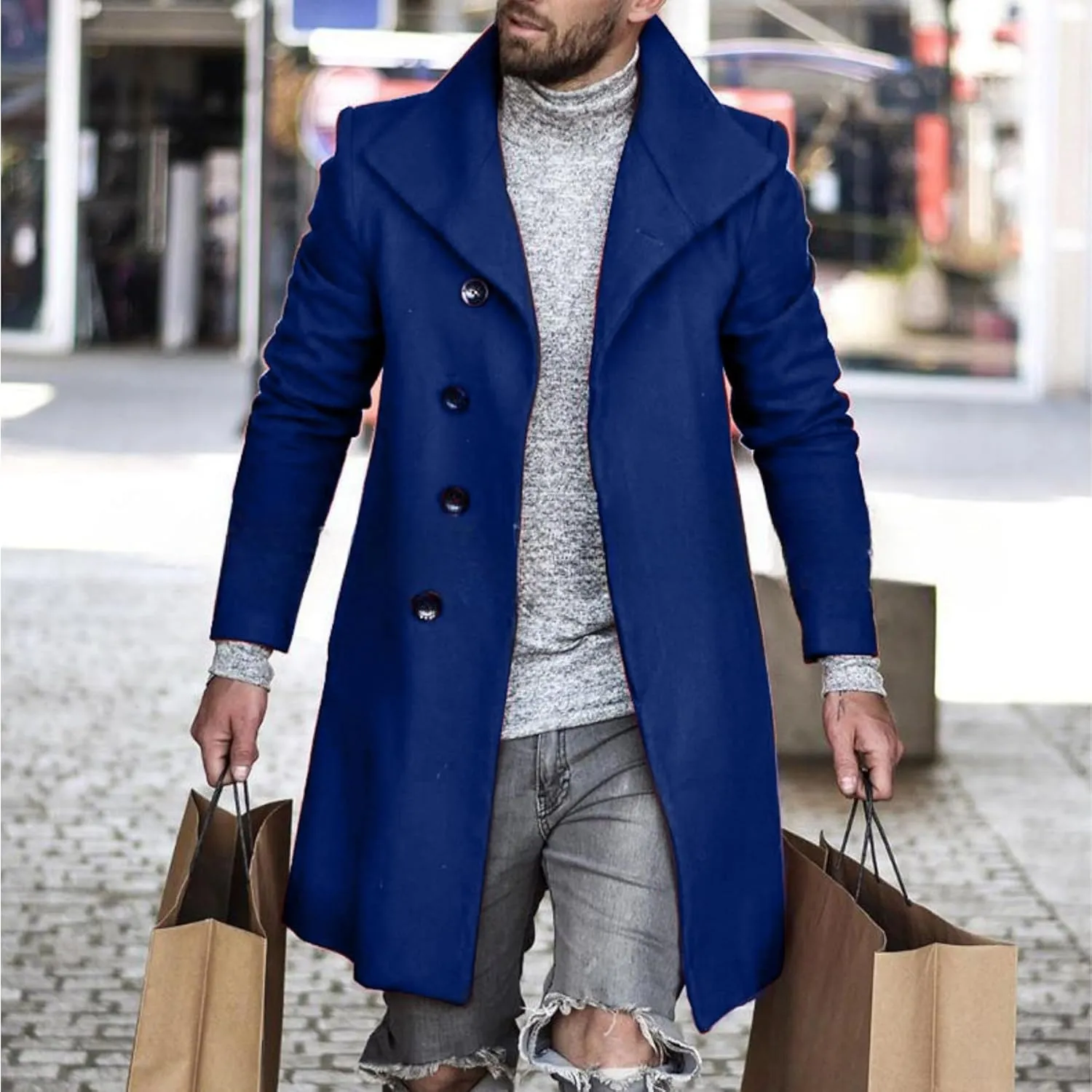 Men's Lapel Faux Woolen Blend Jacket Mid Long Button Warm Trench Coat Winter Classy Cozy Overcoat