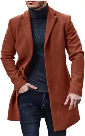 Men's Lapel Faux Woolen Blend Jacket Mid Long Button Warm Trench Coat Winter Classy Cozy Overcoat