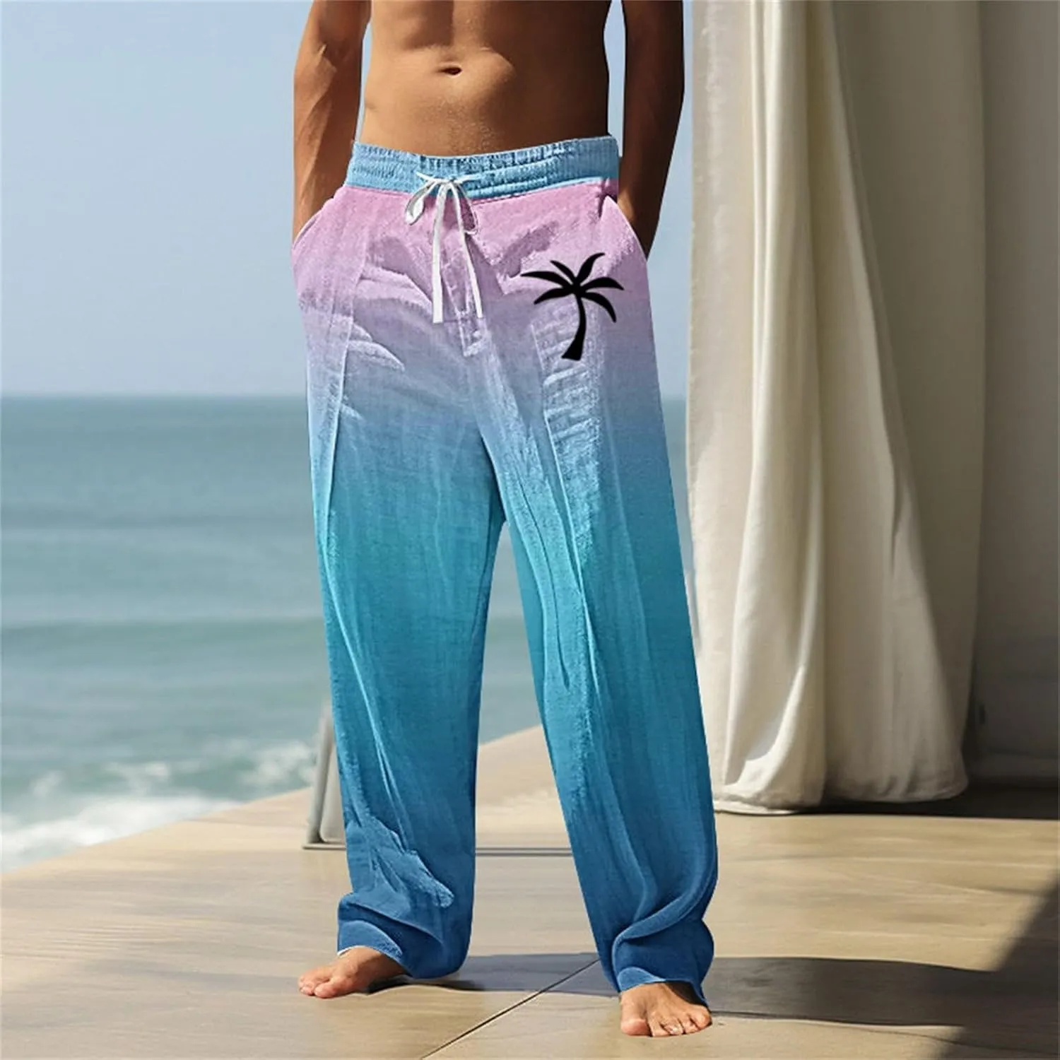 Mens Lightweight Pants Summer Casual Big and Tall Cargo Pants Hawaiian Wide Leg Beach Wedding Trousers for Travel