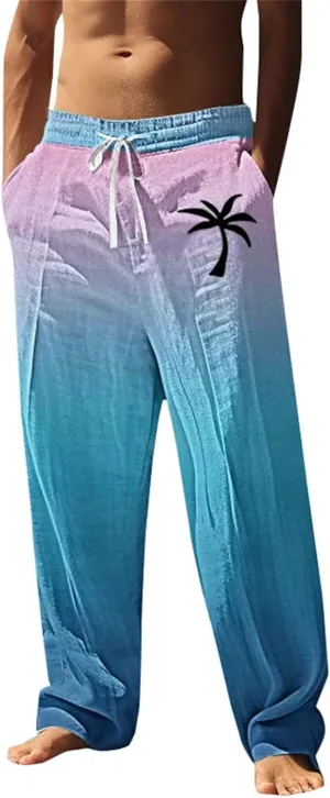 Mens Lightweight Pants Summer Casual Big and Tall Cargo Pants Hawaiian Wide Leg Beach Wedding Trousers for Travel