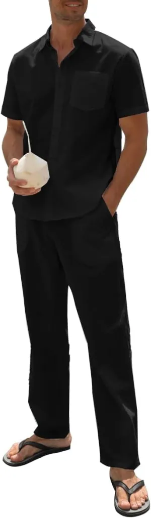 Men's Linen sets 2 Piece Outfits Beach Wedding Clothes Casual Button Down Shirts Yoga Pants Summer Matching Suit