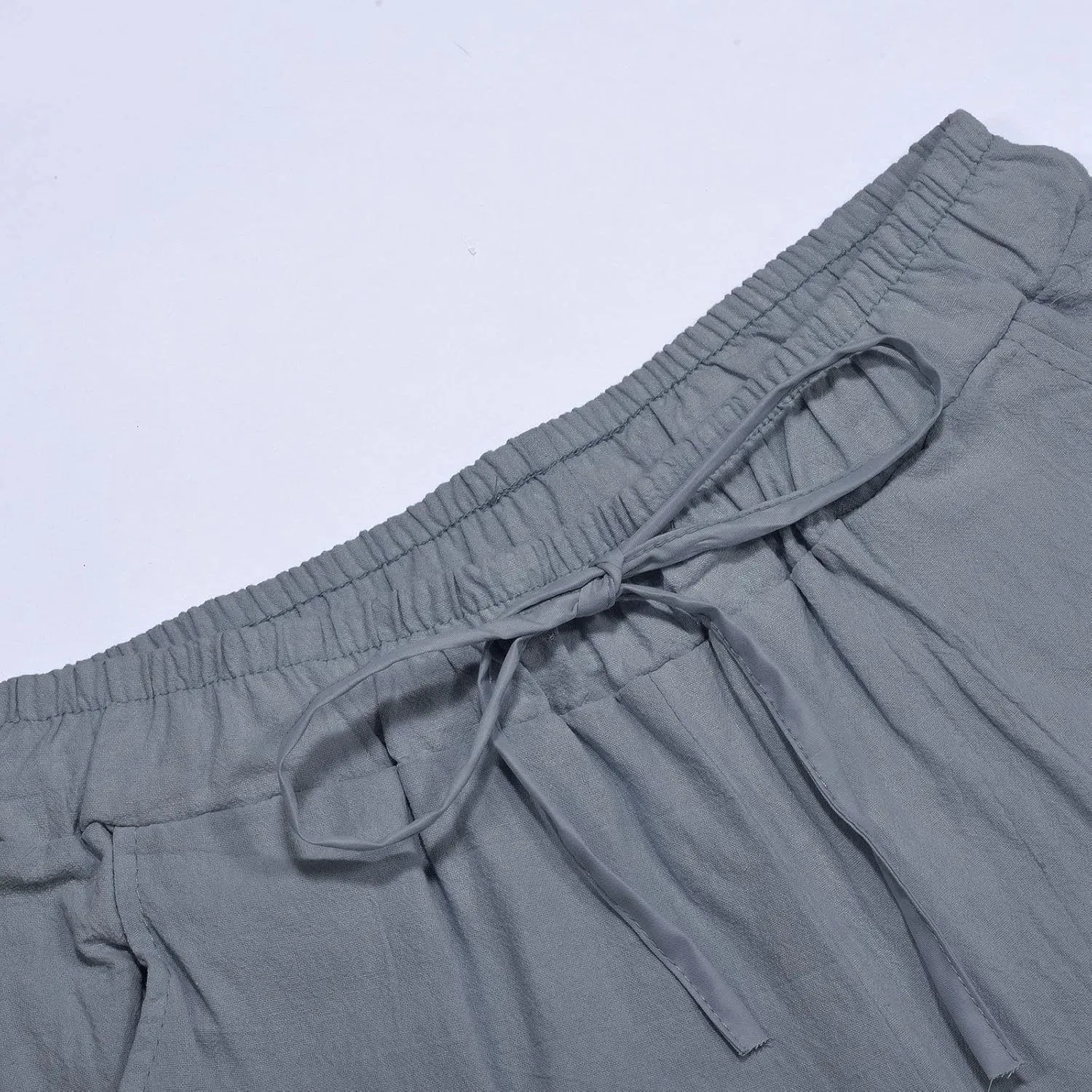 Men's Linen Solid Color Casual Drawstring Pocket Pants Lightweight Elastic Waist