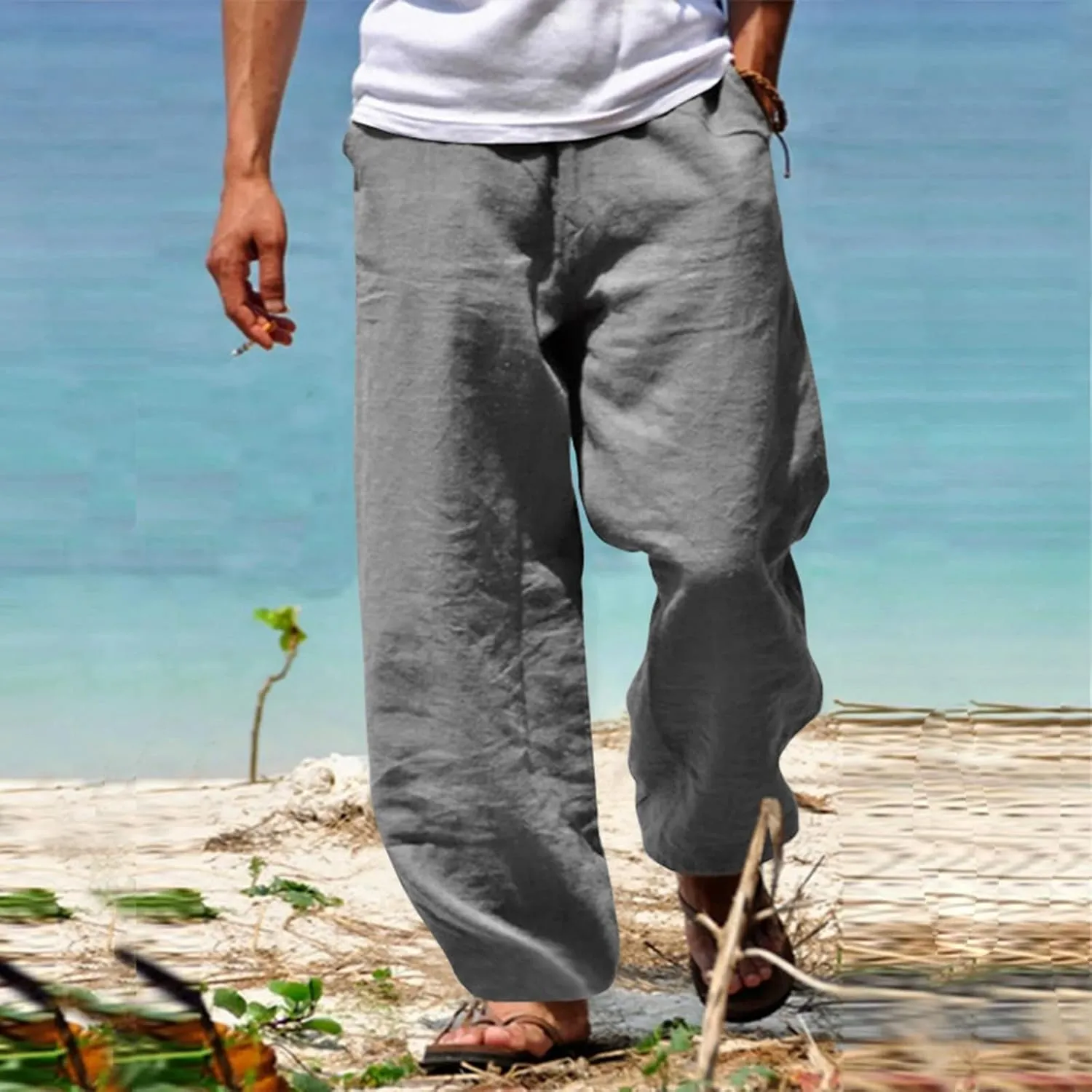 Men's Linen Solid Color Casual Drawstring Pocket Pants Lightweight Elastic Waist