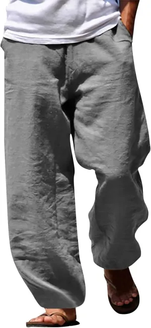 Men's Linen Solid Color Casual Drawstring Pocket Pants Lightweight Elastic Waist