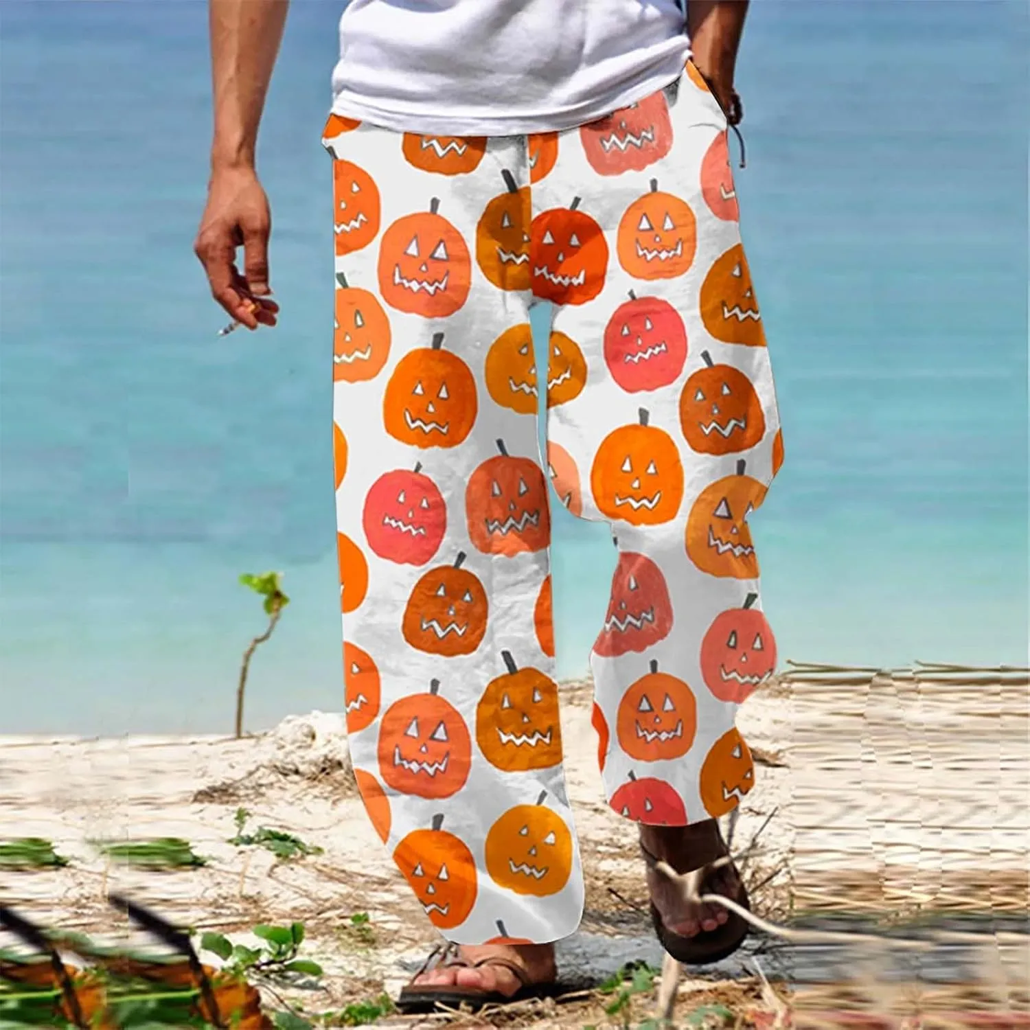 Men's Linen Solid Color Casual Drawstring Pocket Pants Lightweight Elastic Waist
