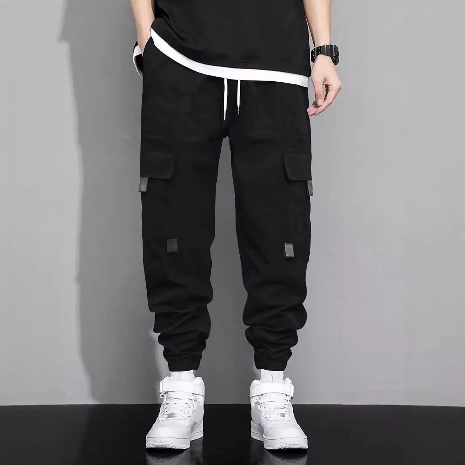 Men's Outdoor Cargo Pants Lightweight Elastic Waist Pants with Multi-Pocket Slim Drawstring Active Trousers