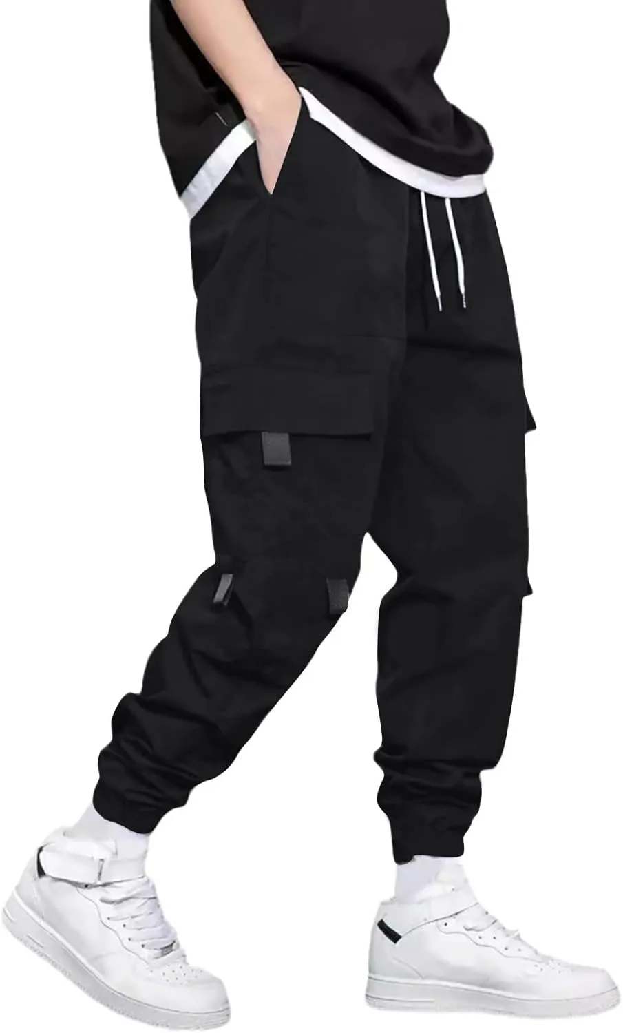 Men's Outdoor Cargo Pants Lightweight Elastic Waist Pants with Multi-Pocket Slim Drawstring Active Trousers