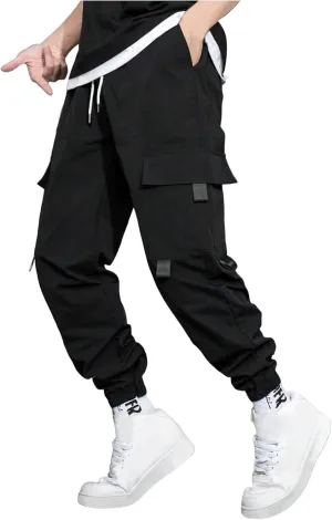 Men's Outdoor Cargo Pants Lightweight Elastic Waist Pants with Multi-Pocket Slim Drawstring Active Trousers