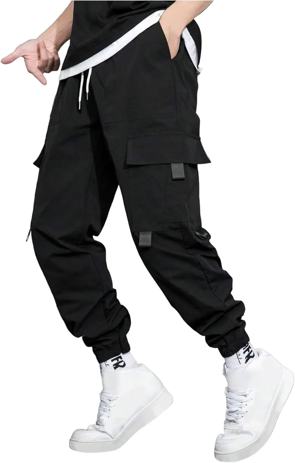 Men's Outdoor Cargo Pants Lightweight Elastic Waist Pants with Multi-Pocket Slim Drawstring Active Trousers