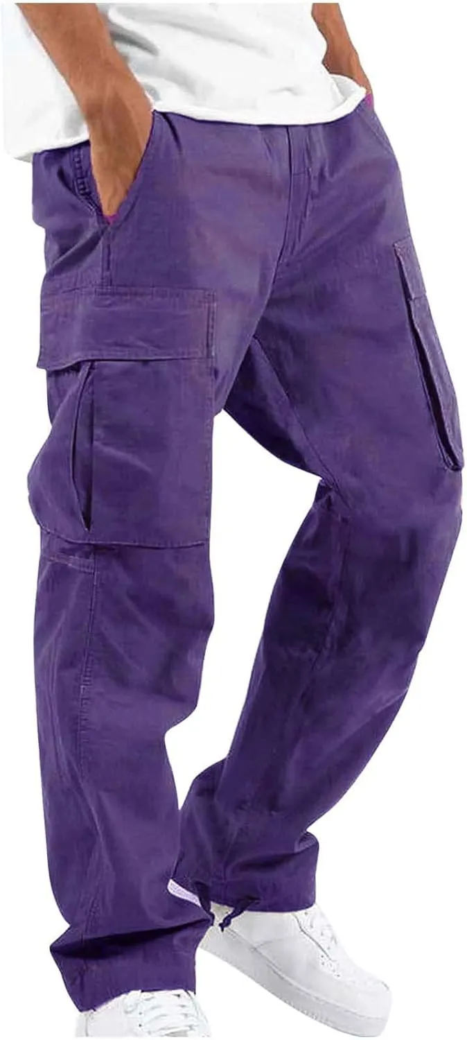 Mens Pants Cargo Drawstring Elastic Waist Sweatpants with Zipper Pockets Relaxed Fit Baggy Pants Joggers Trousers
