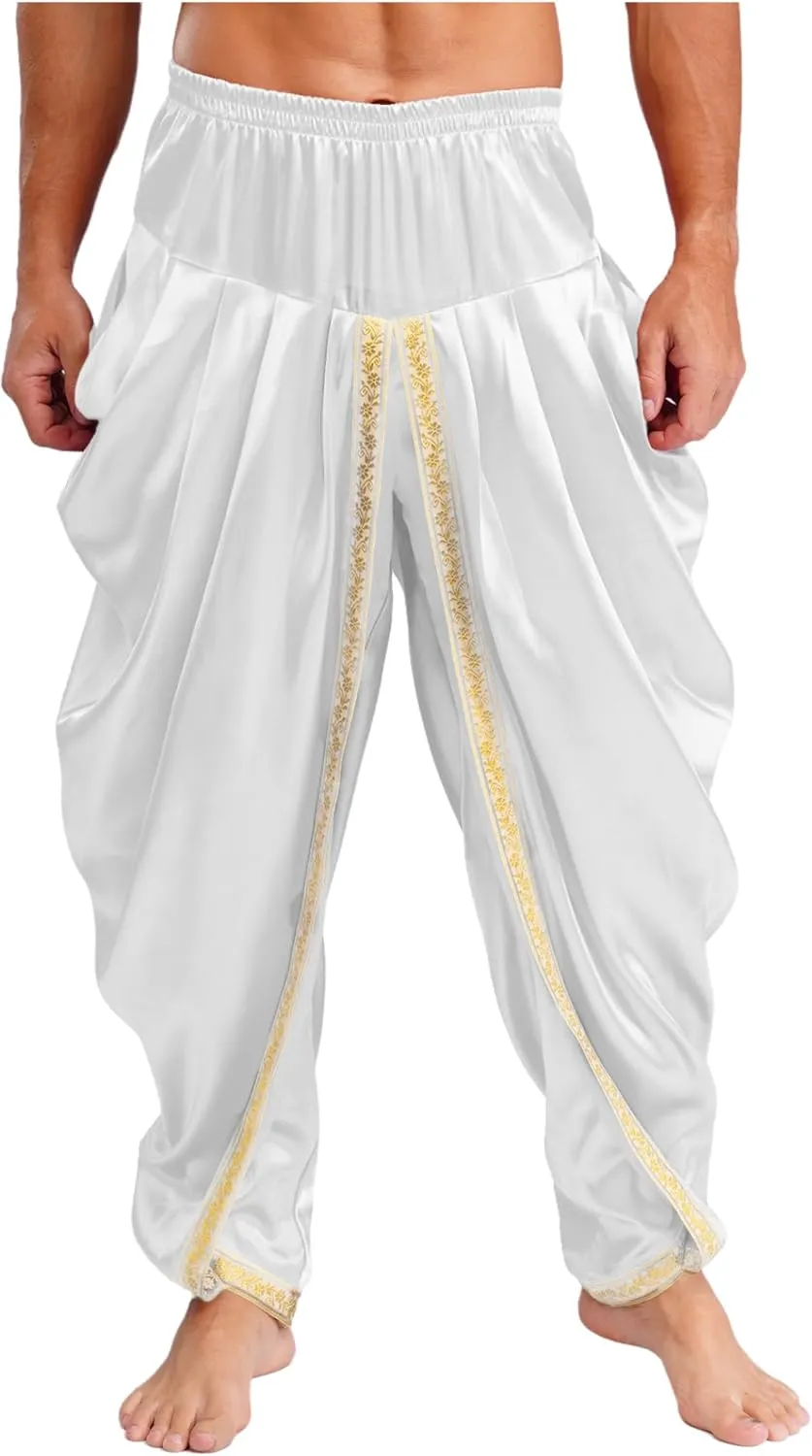 Mens Satin Harem Pants Casual Elastic Waist Pants Baggy Boho Summer Beach Dhoti Trousers