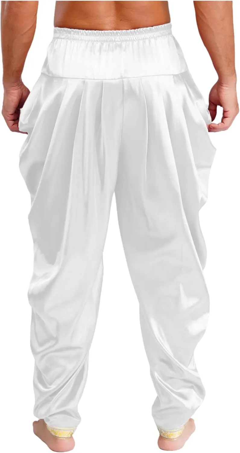Mens Satin Harem Pants Casual Elastic Waist Pants Baggy Boho Summer Beach Dhoti Trousers