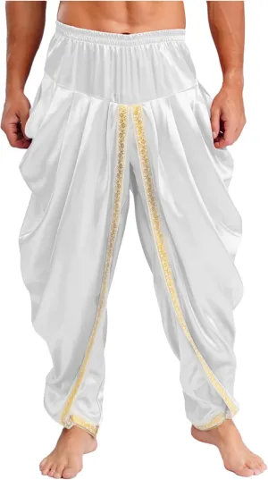 Mens Satin Harem Pants Casual Elastic Waist Pants Baggy Boho Summer Beach Dhoti Trousers