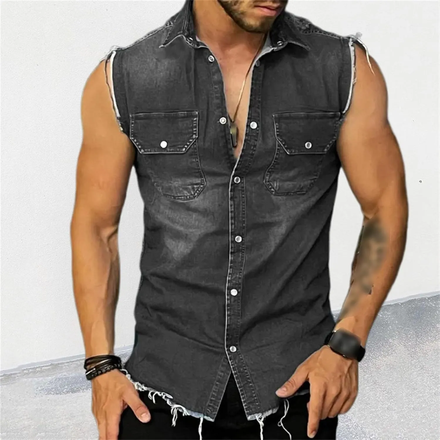Mens Sleeveless Denim Shirt Slim Fit Casual Retro Button Vest Cowboy Front Pocket Shirts Vests