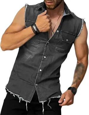 Mens Sleeveless Denim Shirt Slim Fit Casual Retro Button Vest Cowboy Front Pocket Shirts Vests