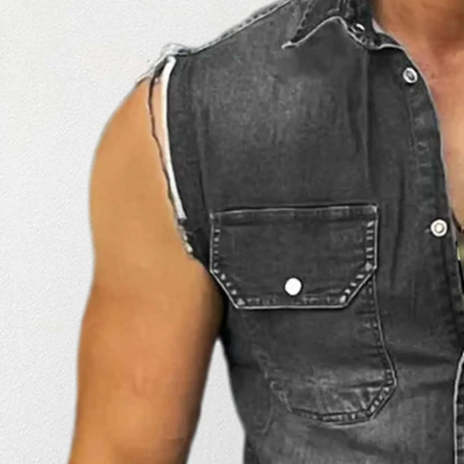 Mens Sleeveless Denim Shirt Slim Fit Casual Retro Button Vest Cowboy Front Pocket Shirts Vests