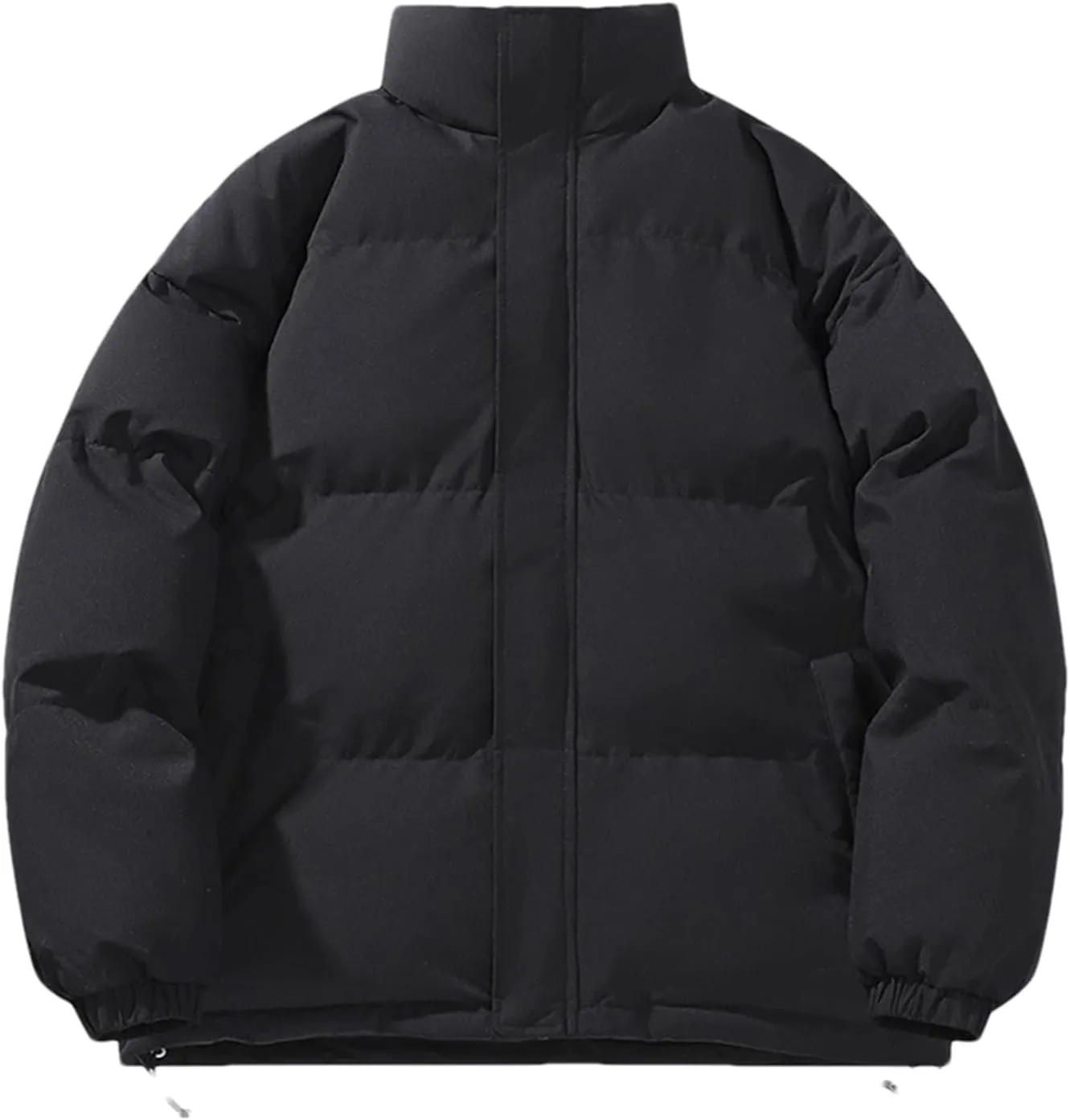 Men's Solid Color Stand Collar Cotton-Padded Casual Warm Zipper Button Parka Coat