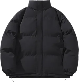 Men's Solid Color Stand Collar Cotton-Padded Casual Warm Zipper Button Parka Coat