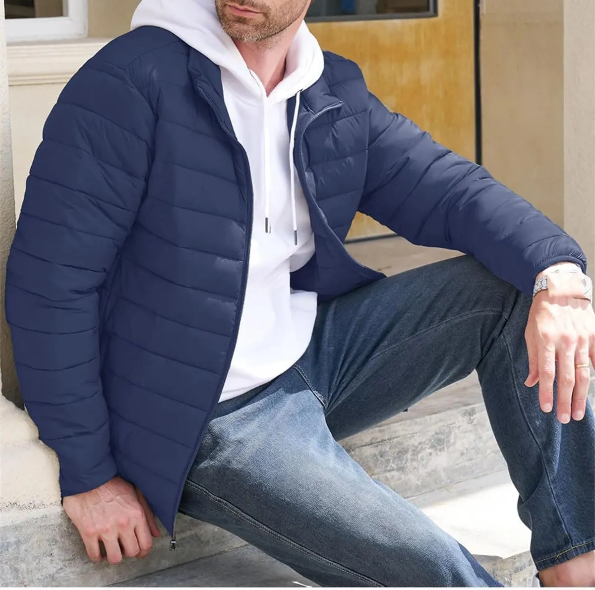 Mens Stand Collar Solid Lightweight Cotton-Padded Quilted Casual Long Sleeve Parka Coat
