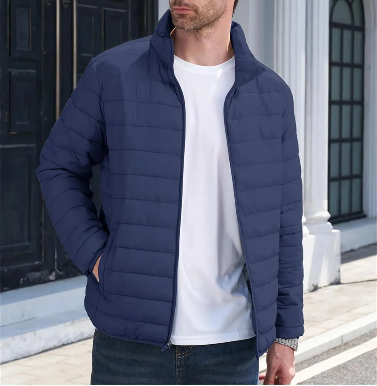 Mens Stand Collar Solid Lightweight Cotton-Padded Quilted Casual Long Sleeve Parka Coat