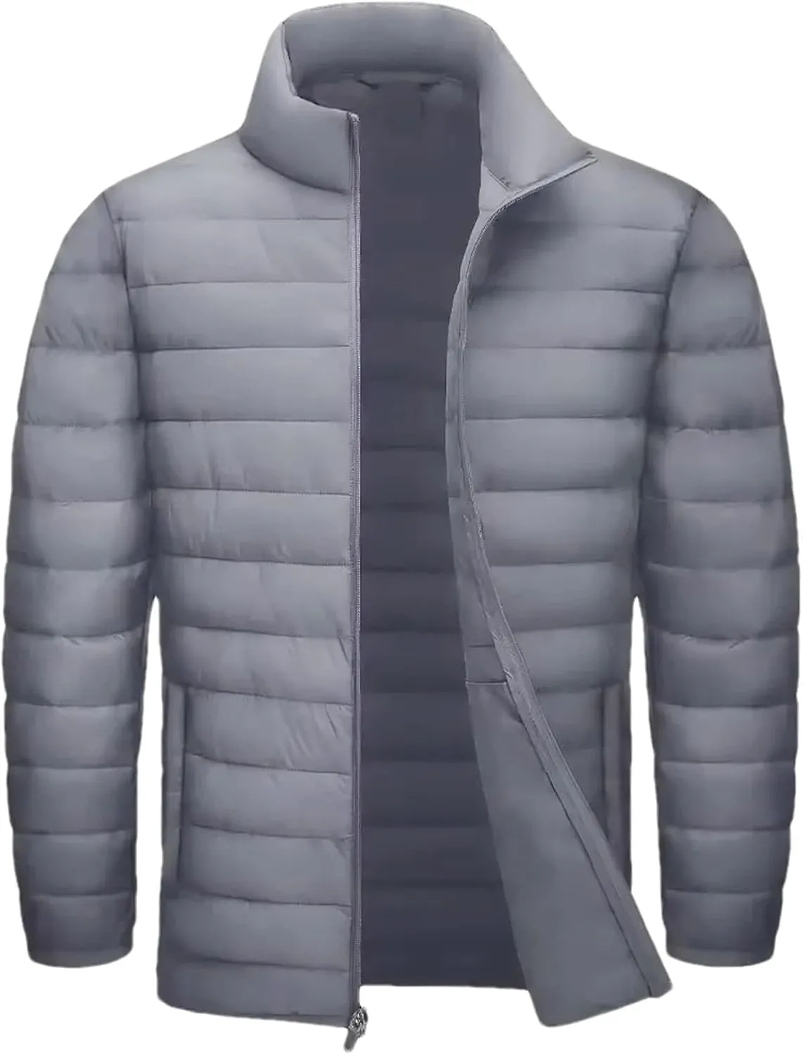 Mens Stand Collar Solid Lightweight Cotton-Padded Quilted Casual Long Sleeve Parka Coat