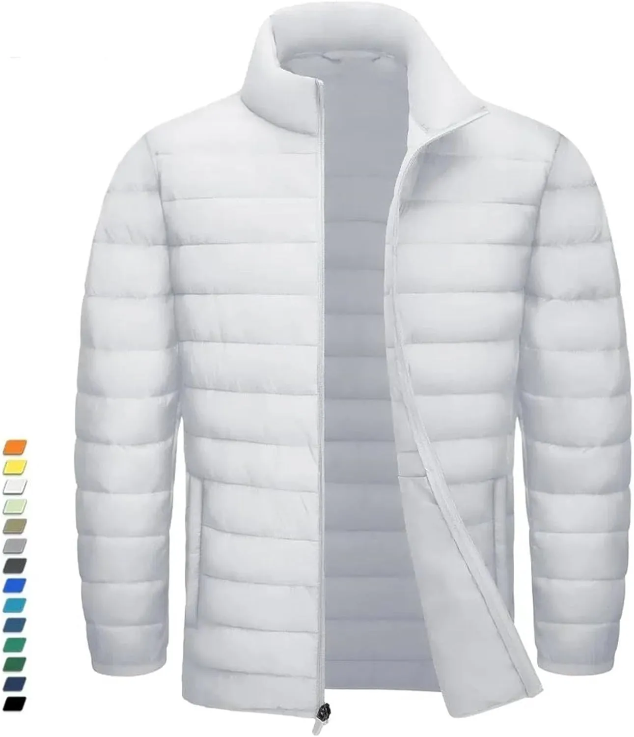 Mens Stand Collar Solid Lightweight Cotton-Padded Quilted Casual Long Sleeve Parka Coat