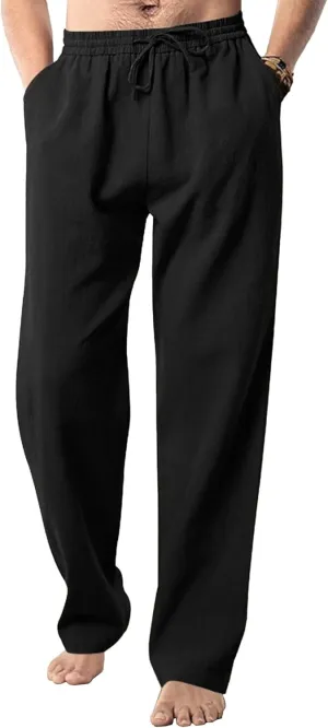 Men's Summer Beach Linen Pants Cotton Yoga Straight-Leg Slack Lightweight Casual Elastic Waist Trousers