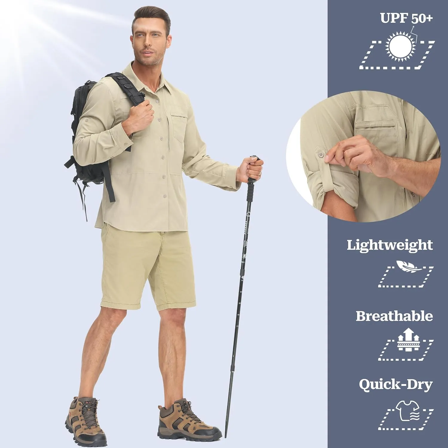 Men's UPF 50  Sun Protection Fishing Shirts Long Sleeve Lightweight Hiking Travel Work Button Down Shirt Zipper Pocket