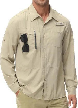 Men's UPF 50  Sun Protection Fishing Shirts Long Sleeve Lightweight Hiking Travel Work Button Down Shirt Zipper Pocket