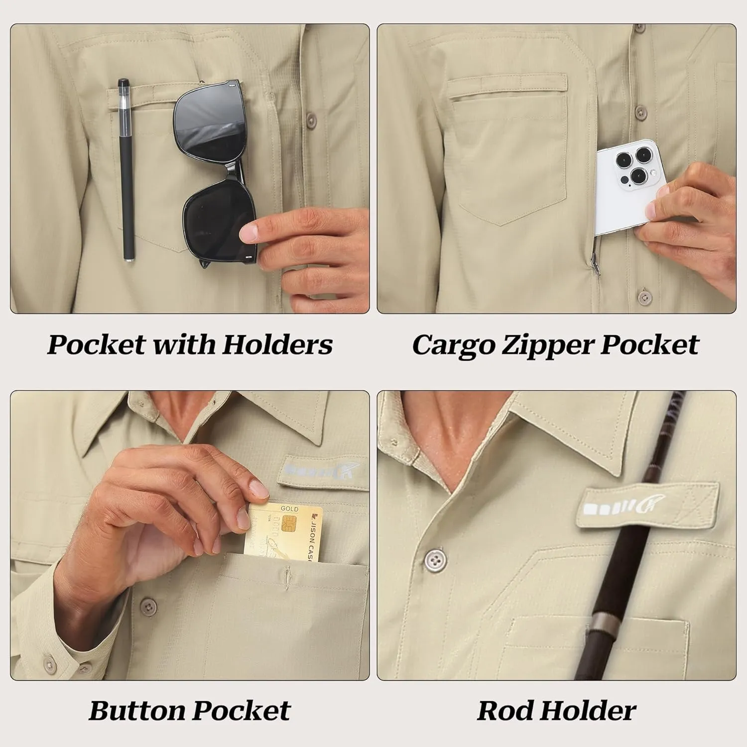 Men's UPF 50  Sun Protection Fishing Shirts Long Sleeve Lightweight Hiking Travel Work Button Down Shirt Zipper Pocket