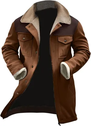 Men's Winter Vintage Suede Jacket with Plush Collar Retro Patchwork Reversed Collar Outdoor Coat Long Work Jackets