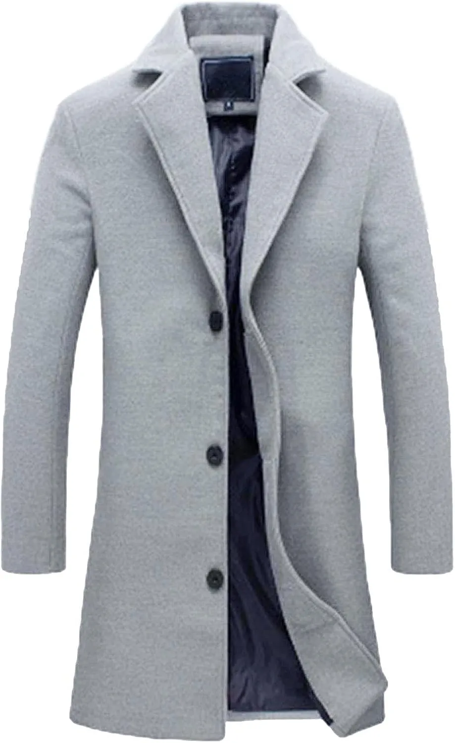 Men's Wool Blend Trench Coat Notched Lapel Collar Single Breasted Overcoat Slim Fit Warm Business Work Long Pea Coat