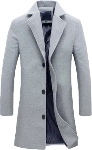 Men's Wool Blend Trench Coat Notched Lapel Collar Single Breasted Overcoat Slim Fit Warm Business Work Long Pea Coat